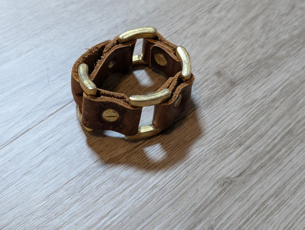 Brown Gold Genuine Leather Brass Link Heavy Cuff Bracelet Steampunk Retro Biker